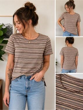 Vintage Inspired Brown Stripe Cotton Tee Made in Canada L Solar Lasania